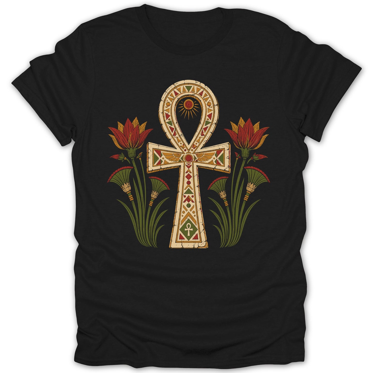 Black t-shirt with an Egyptian ankh symbol and lotus flowers.