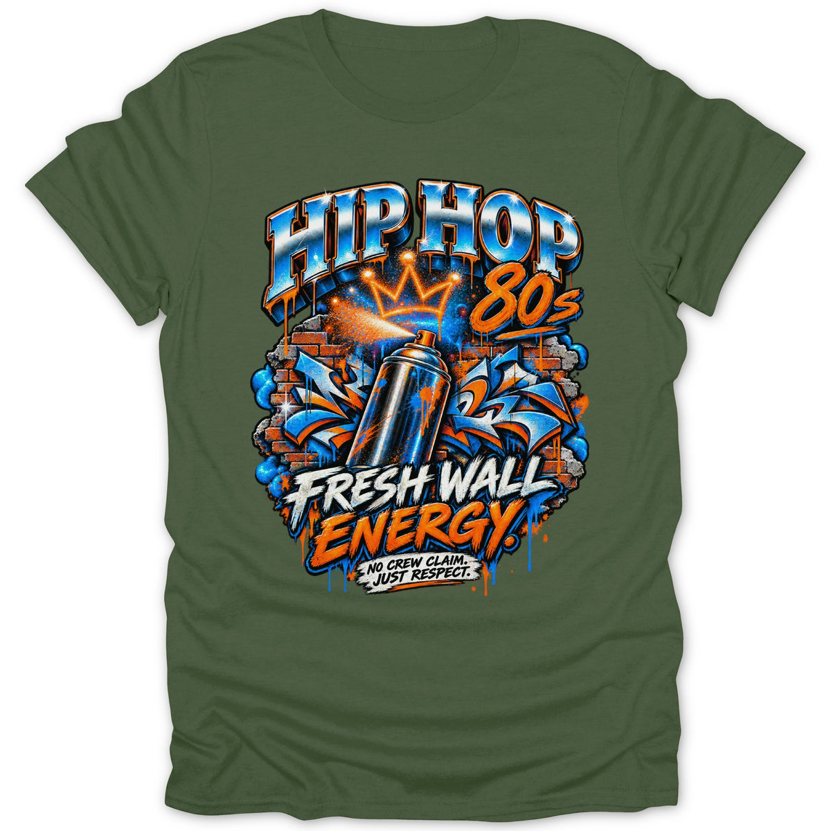 Green t-shirt with "HIP HOP 80s FRESH WALL ENERGY" graffiti design.