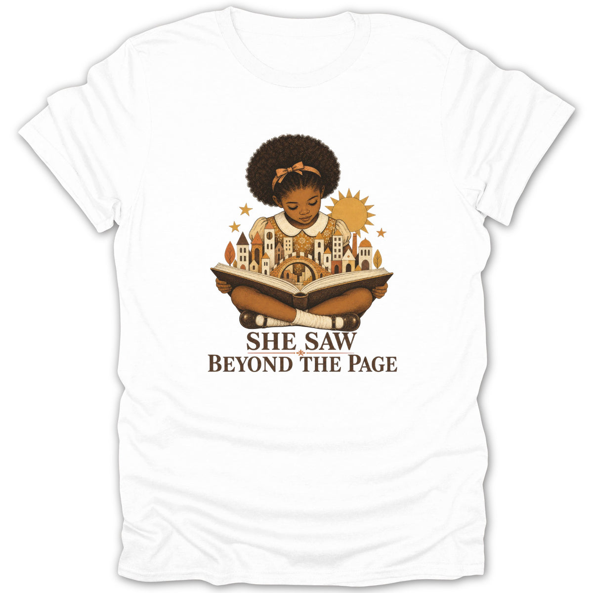 Young Black girl reads a book that forms a cityscape; "She Saw Beyond the Page" text.