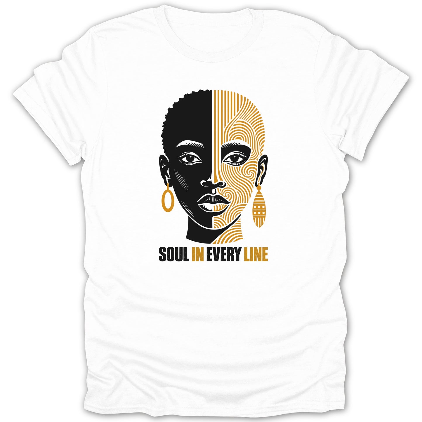 White t-shirt with black and gold graphic of a split face and text "SOUL IN EVERY LINE."