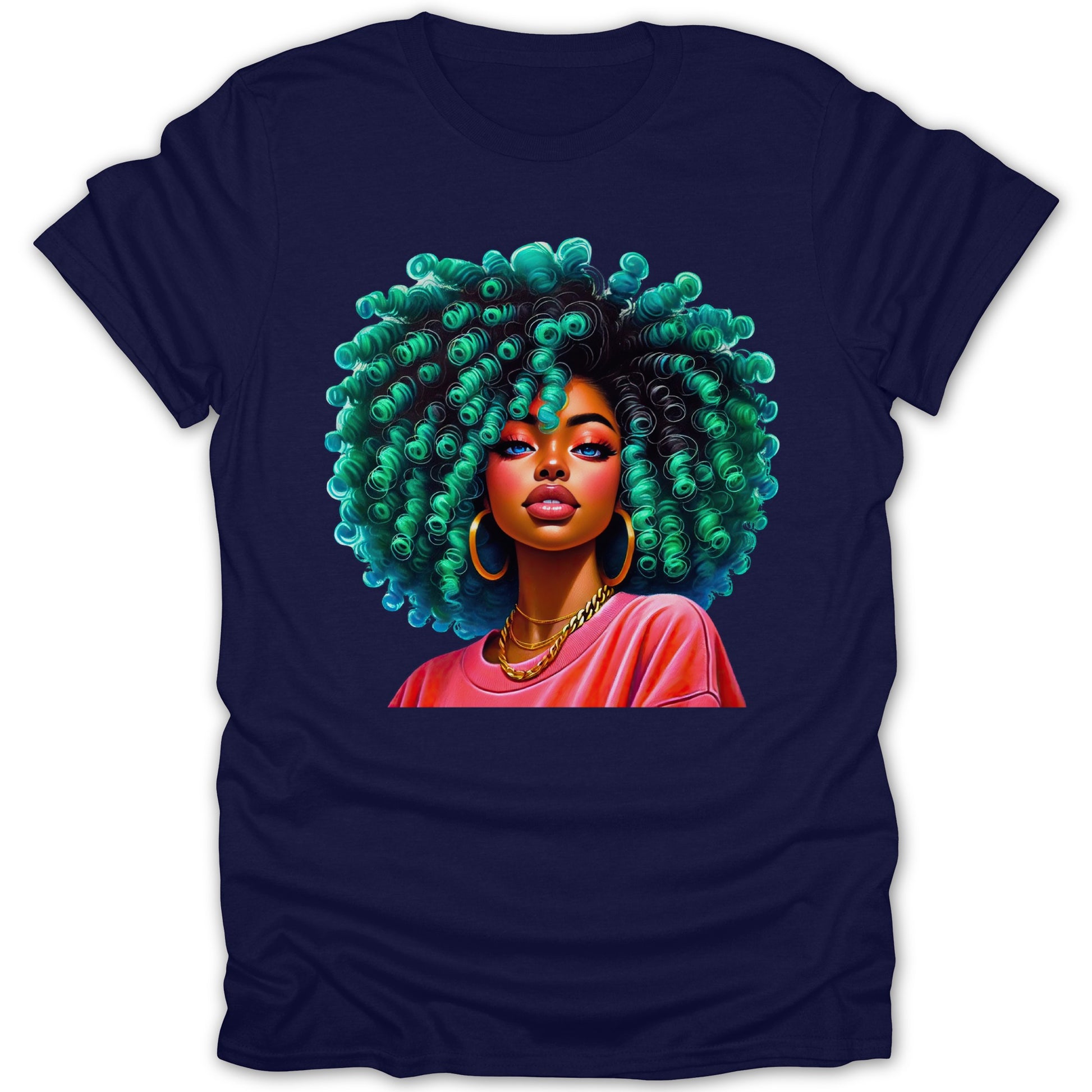 Vibrant Afro Hair Style Art on Navy Unisex T-Shirt product type
