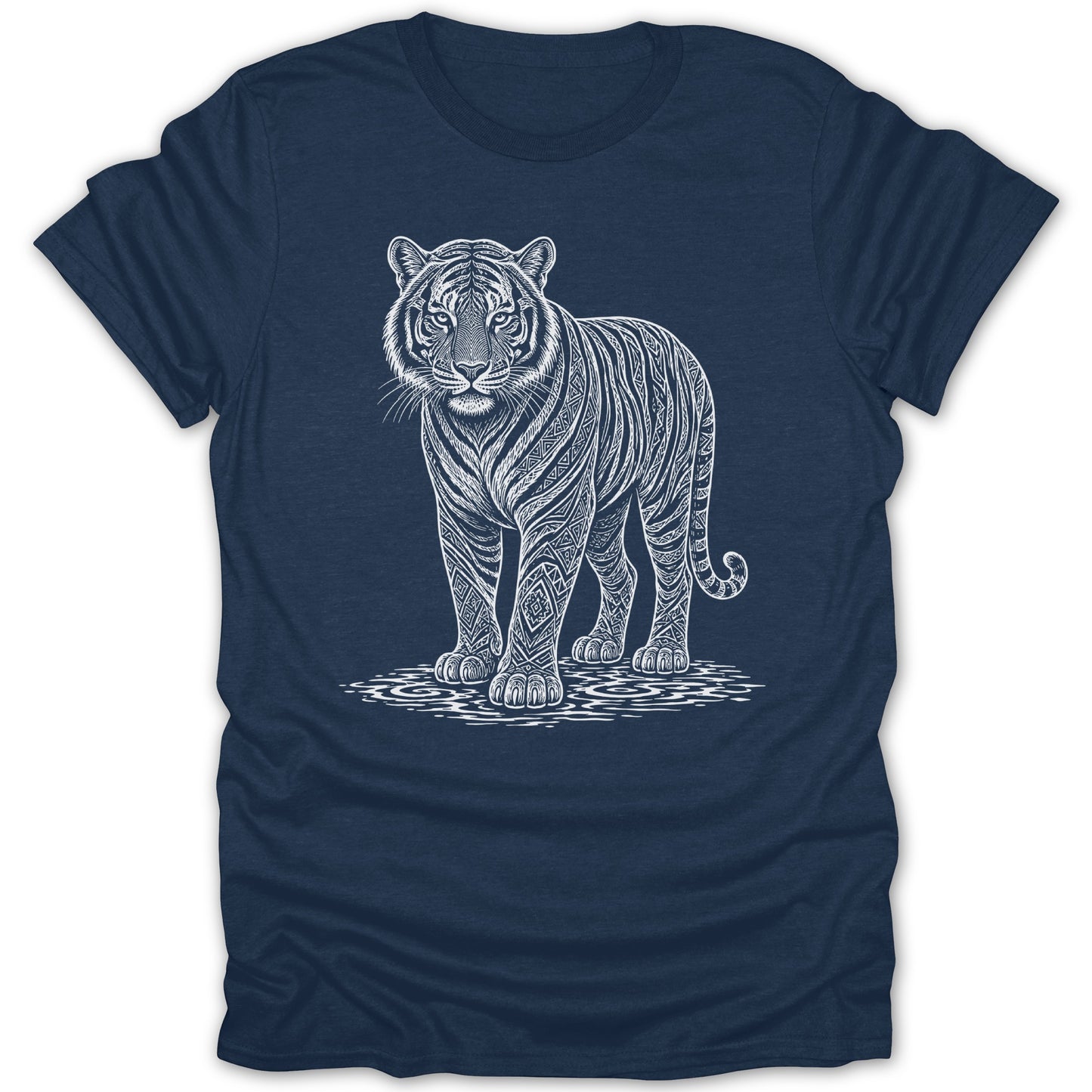 White ornate tiger design on a navy blue t-shirt.