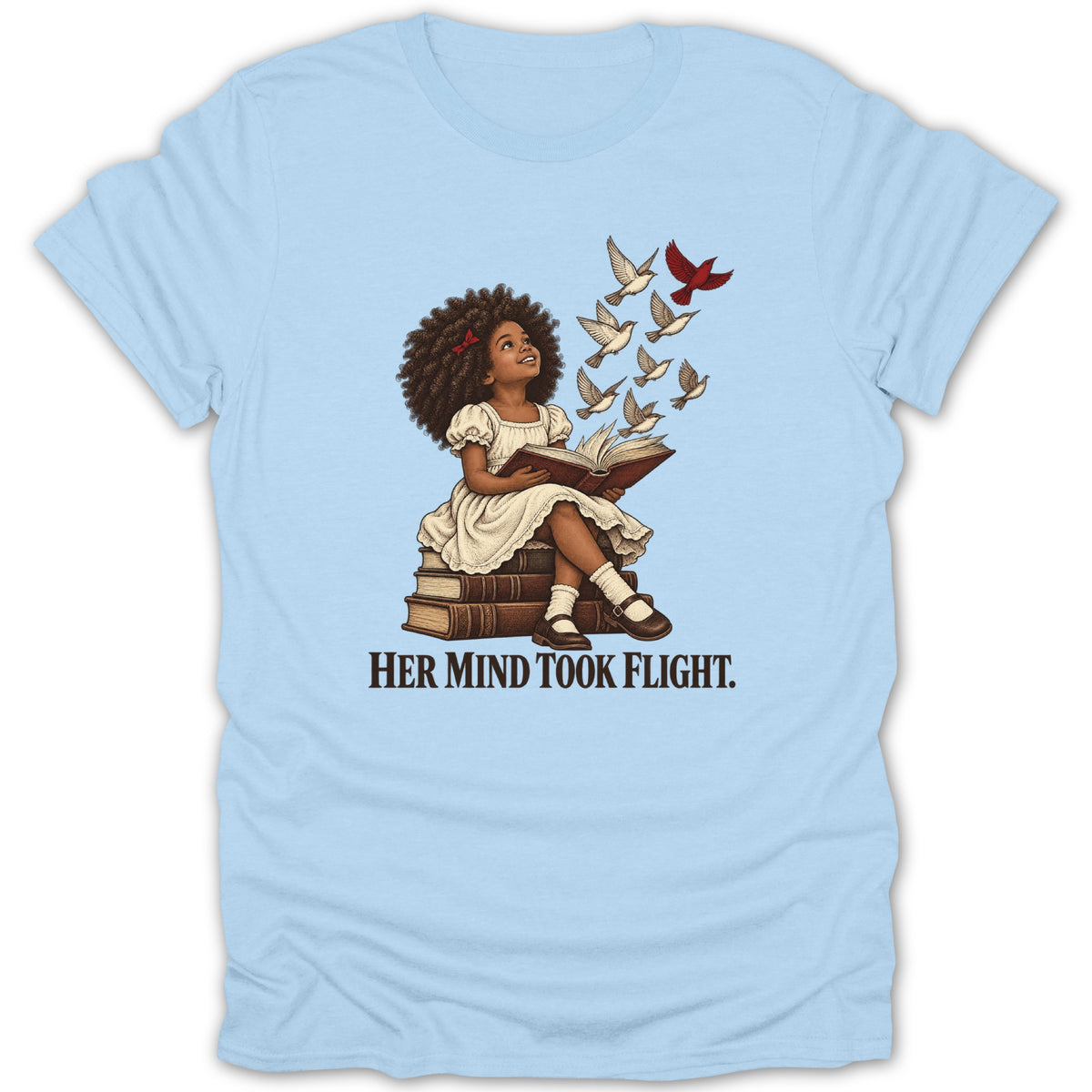 Girl sitting on books reading, with birds flying from pages. Text reads "HER MIND TOOK FLIGHT."
