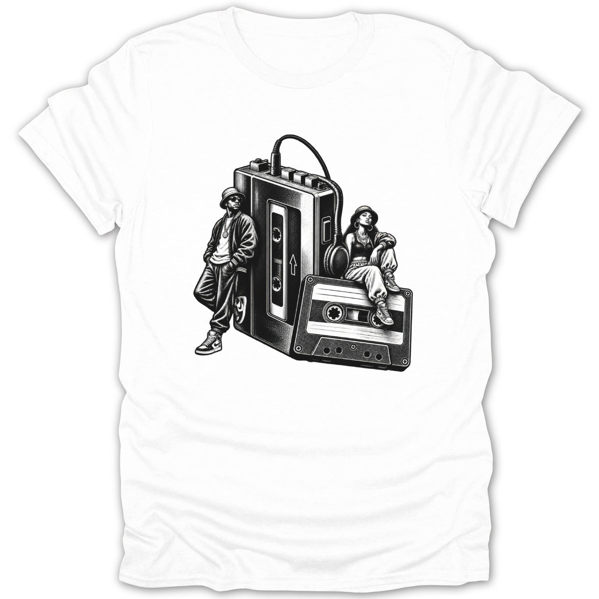 Black and white illustration of a man and woman with a cassette player and tape.
