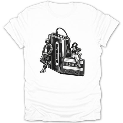 Black and white illustration of a man and woman with a cassette player and tape.