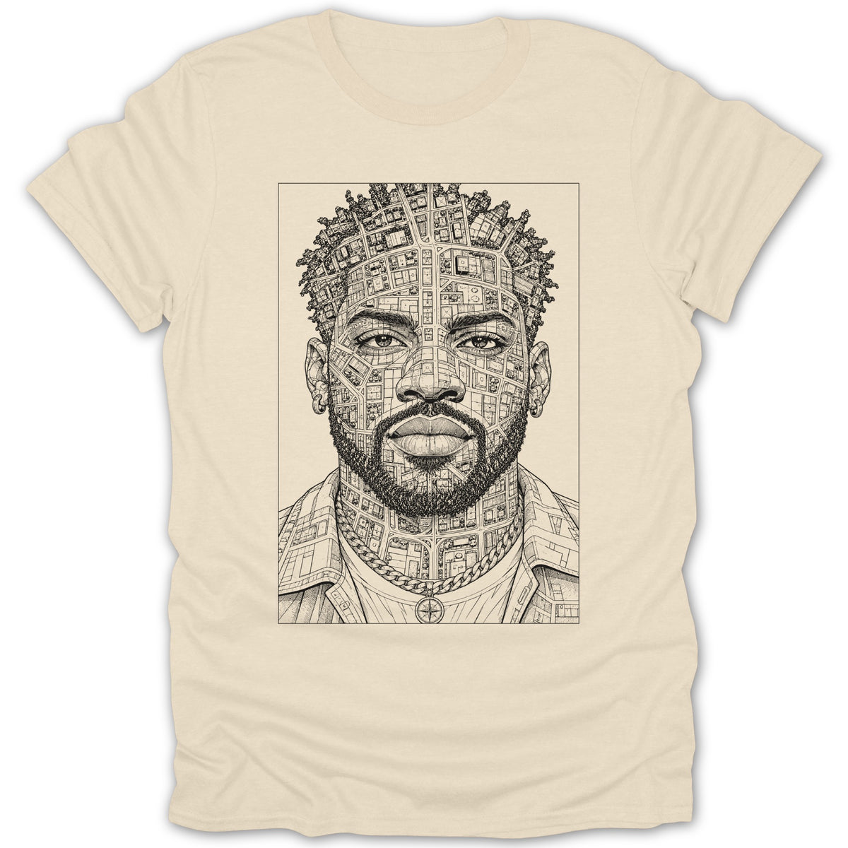 Line drawing of a man's face with city map details on skin and hair.
