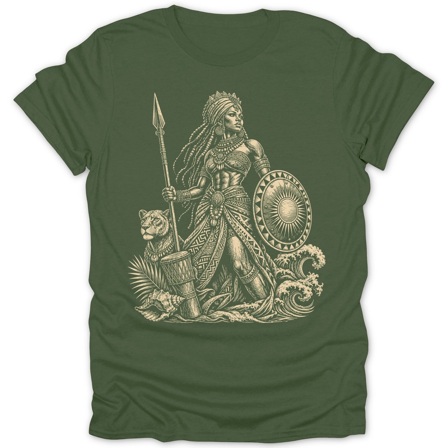 Warrior woman with spear and shield, lion, drum, and waves in beige linework.