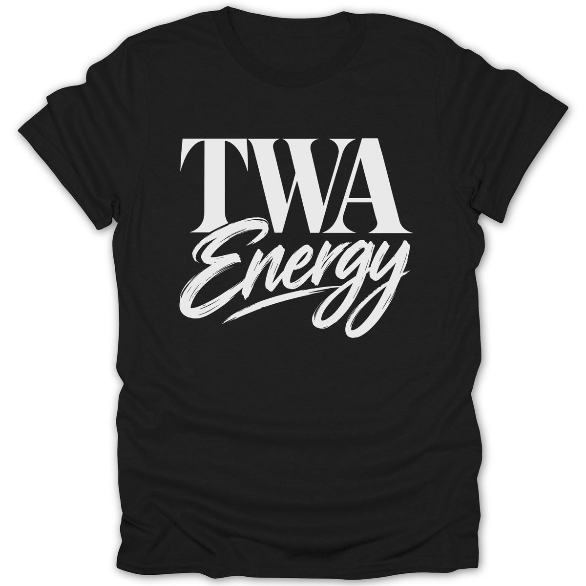 Black t-shirt with white text "TWA Energy"