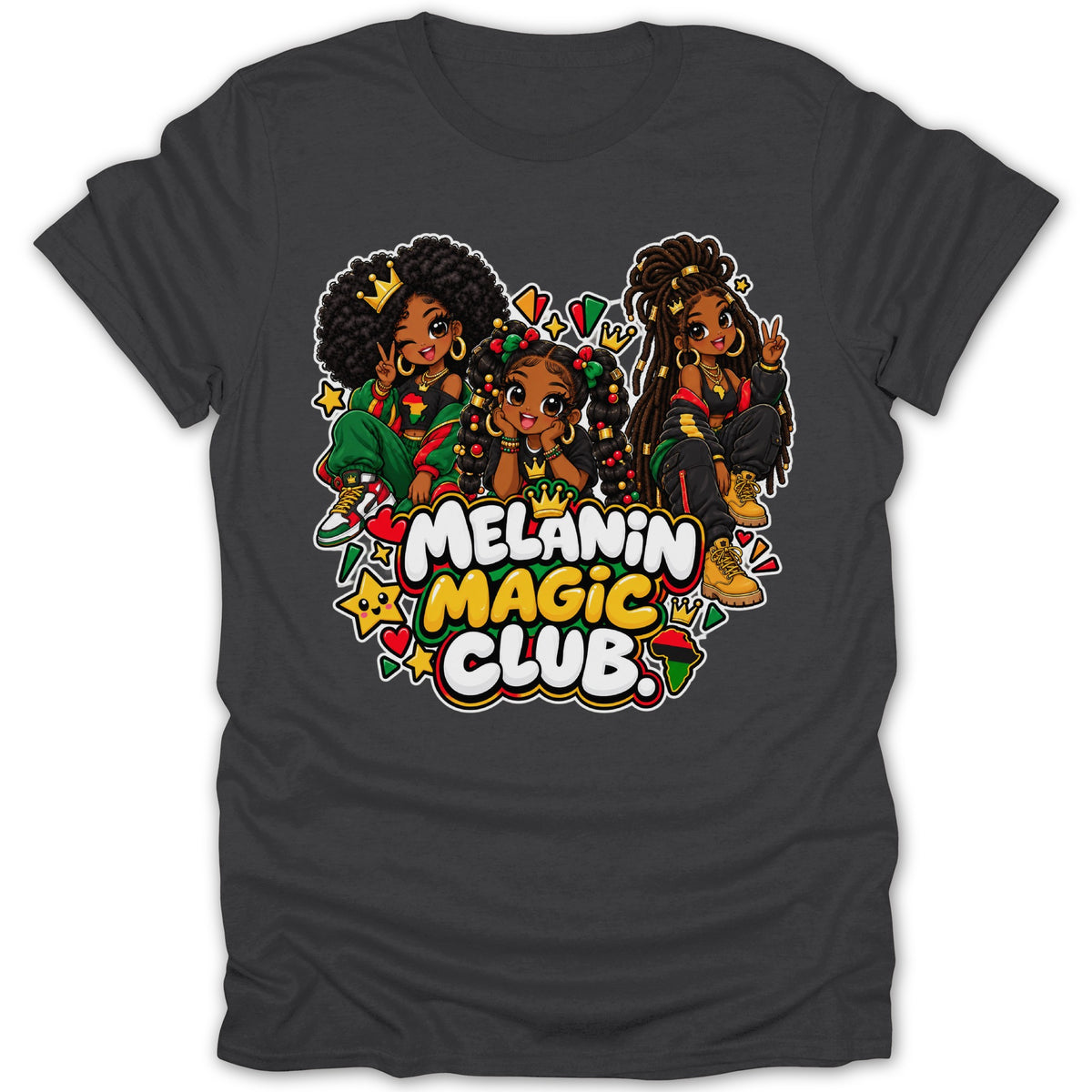 Three cartoon girls with crowns and African-inspired clothing, "Melanin Magic Club" text.