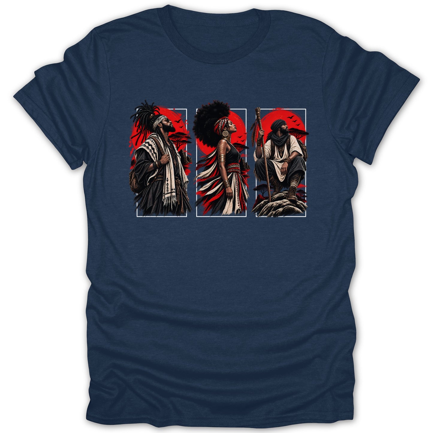 Triptych artwork on navy t-shirt featuring three people in traditional attire against a red sun.