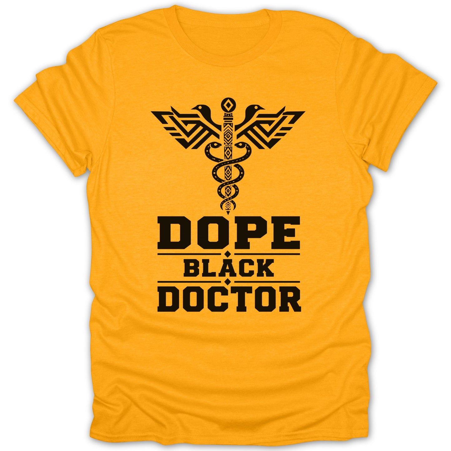 Yellow t-shirt with black Caduceus symbol and "Dope Black Doctor" text.