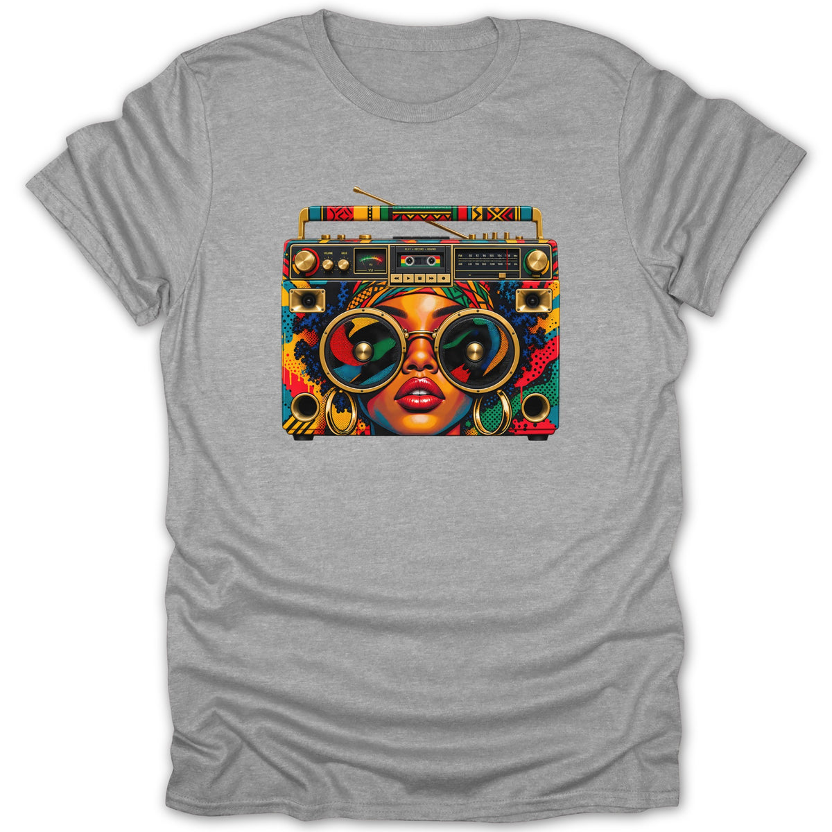 Woman wearing large sunglasses with a colorful boombox design on a gray t-shirt.