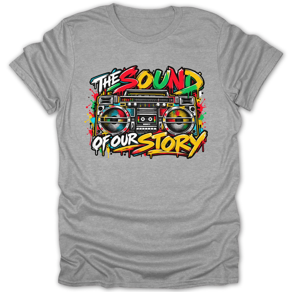 Graphic tee with a colorful boombox and "The Sound of Our Story" text.
