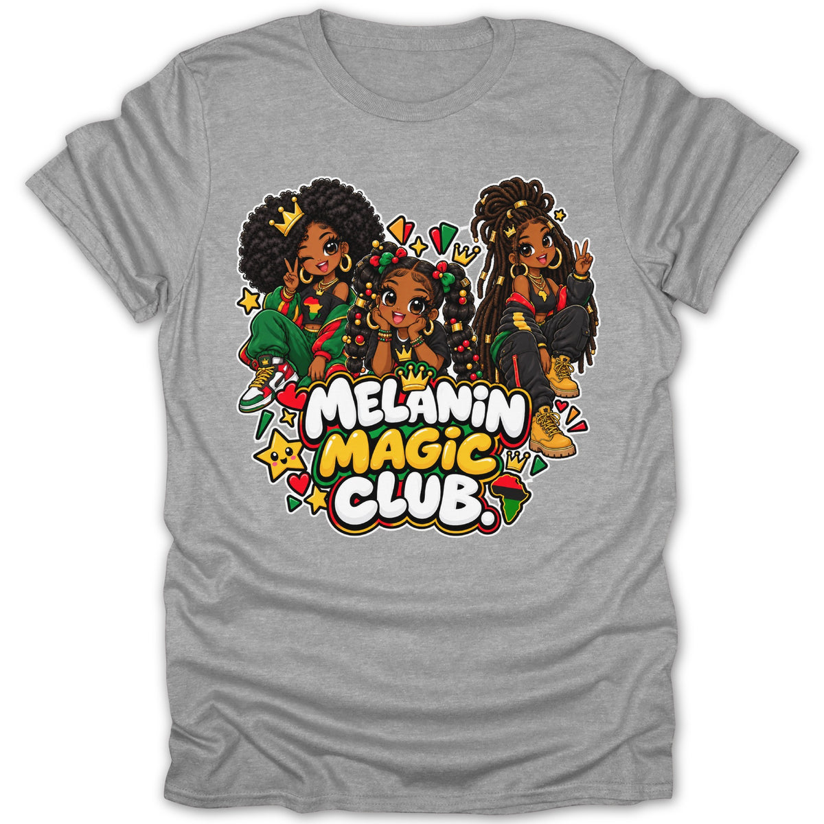 Three cartoon girls with crowns and stars around "Melanin Magic Club" text.