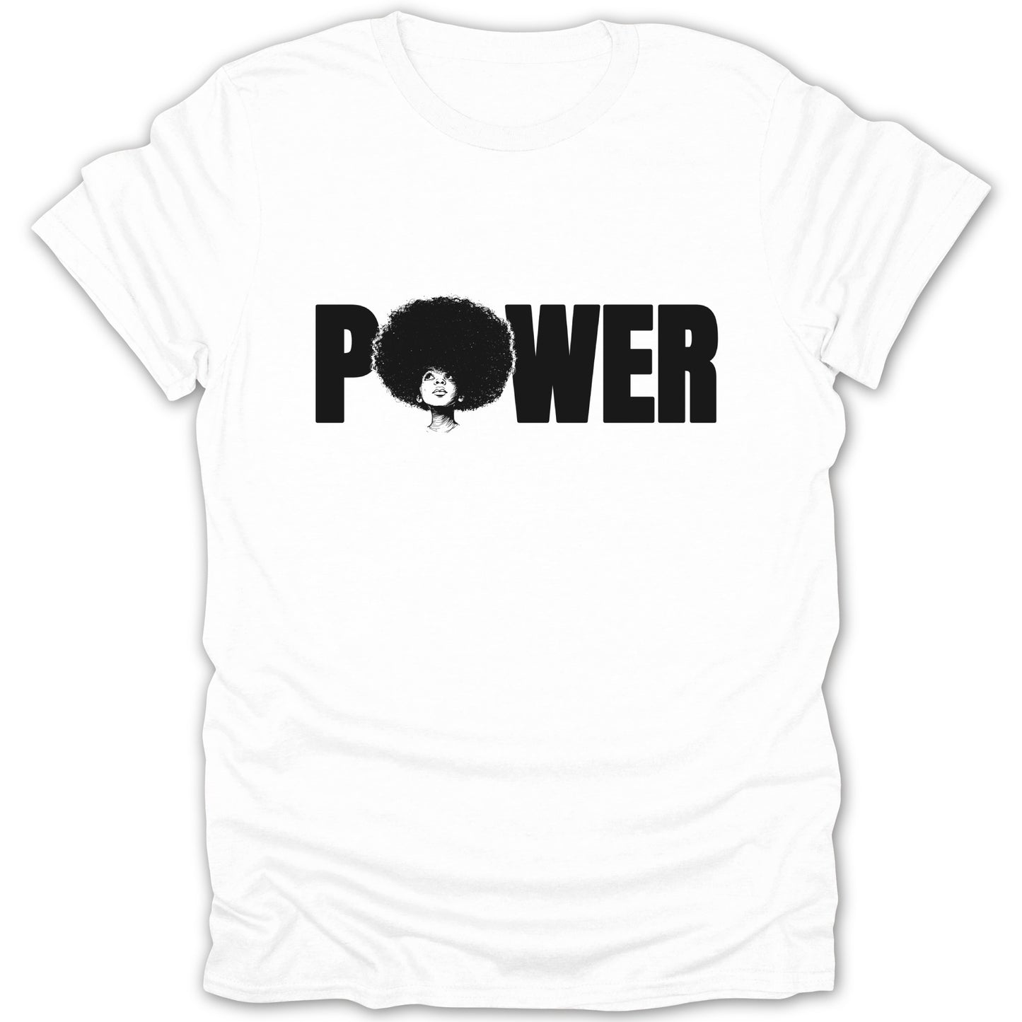 White t-shirt with black "POWER" text and a woman with an afro.