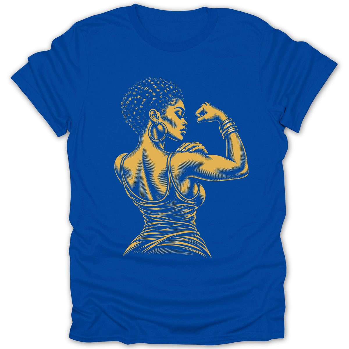 Royal blue t-shirt with a yellow graphic of a woman flexing her arm.