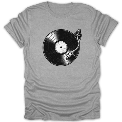 Gray t-shirt with a black and white graphic of a vinyl record on a turntable.