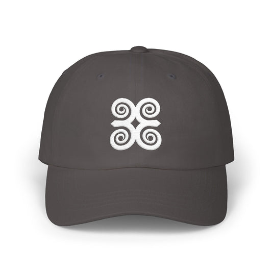 Dark gray baseball cap with a white Adinkra symbol embroidered on the front.