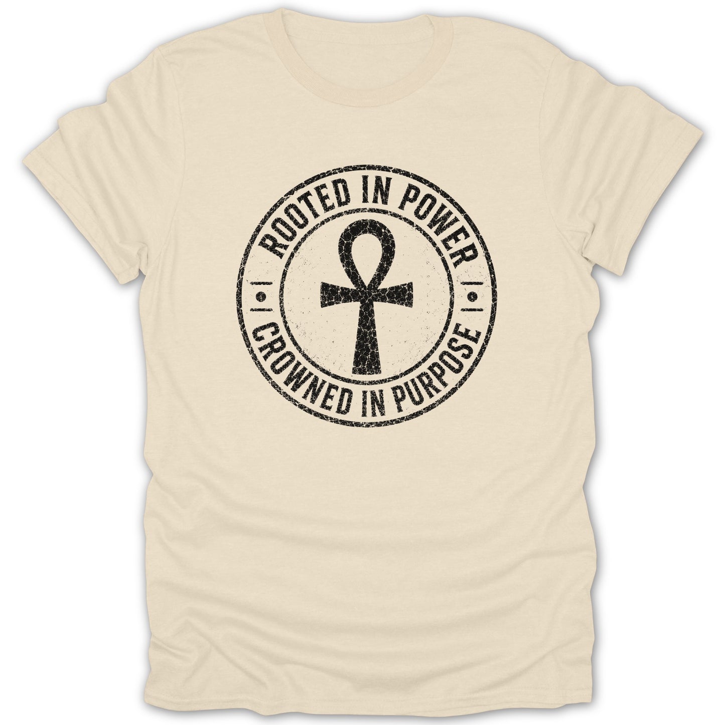Cream t-shirt with a black circular graphic featuring an ankh symbol and text.