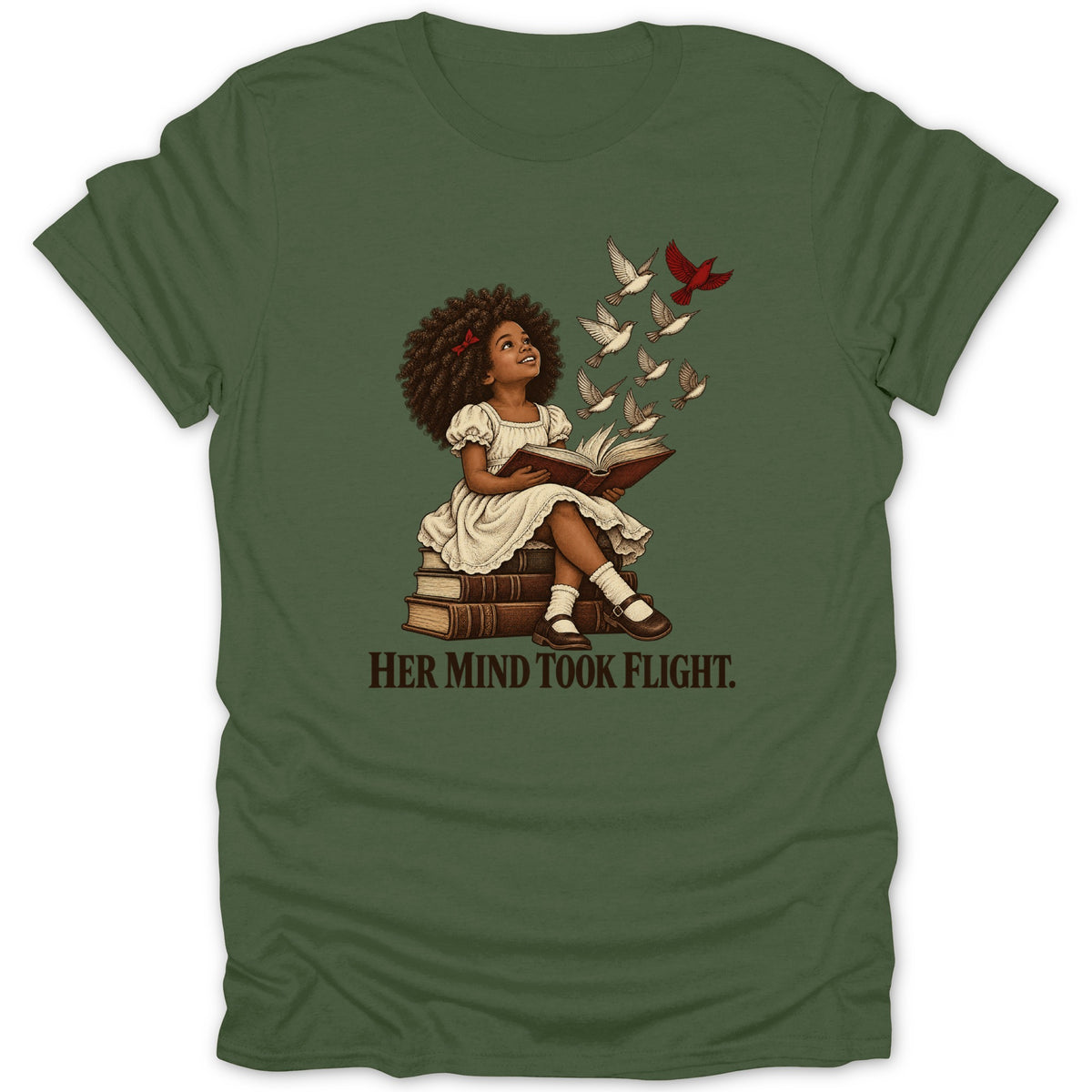 Girl reading books with birds flying out, reads "Her Mind Took Flight."