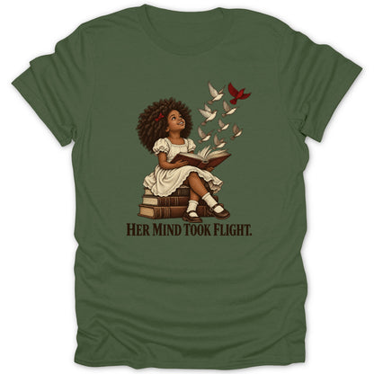 Girl reading books with birds flying out, reads "Her Mind Took Flight."