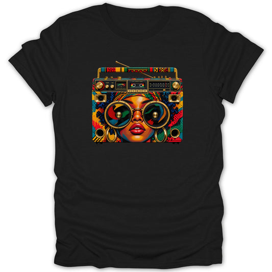 Colorful graphic of woman wearing large sunglasses integrated into a boombox on a black t-shirt.