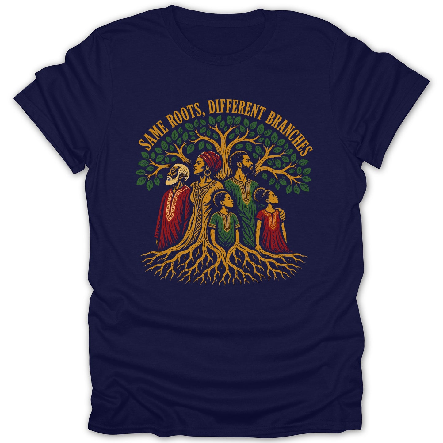 "Same Roots, Different Branches" text above family under tree roots.