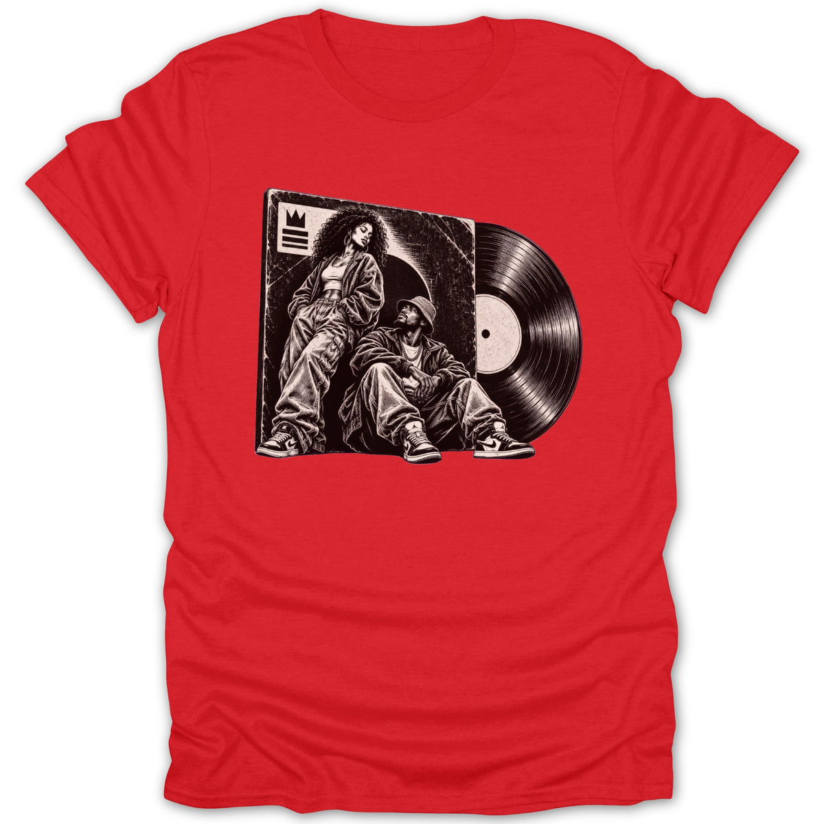 A red crewneck t-shirt featuring a black and white graphic of a man and woman posing next to a vinyl record.