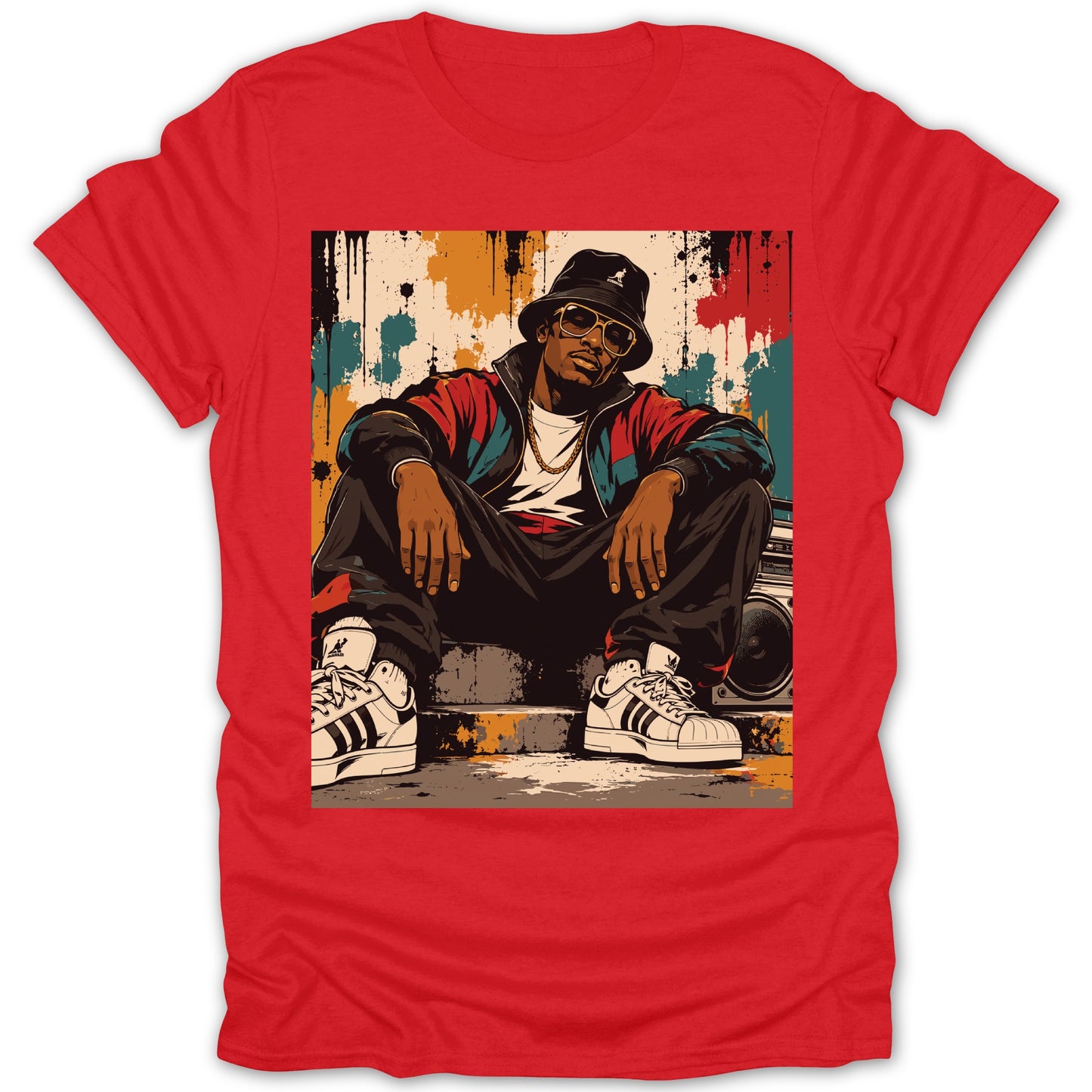 Illustration of a man in a bucket hat and tracksuit sitting with a boombox.