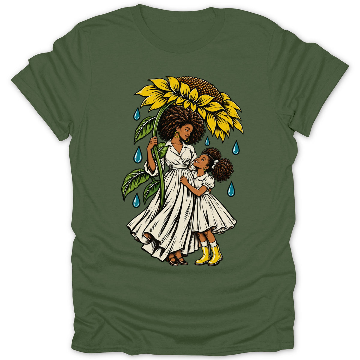 Mother and daughter share a sunflower umbrella in the rain.