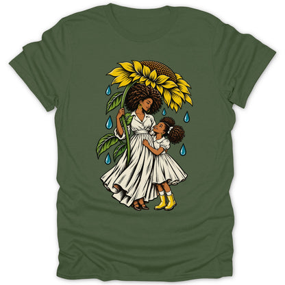 Mother and daughter share a sunflower umbrella in the rain.