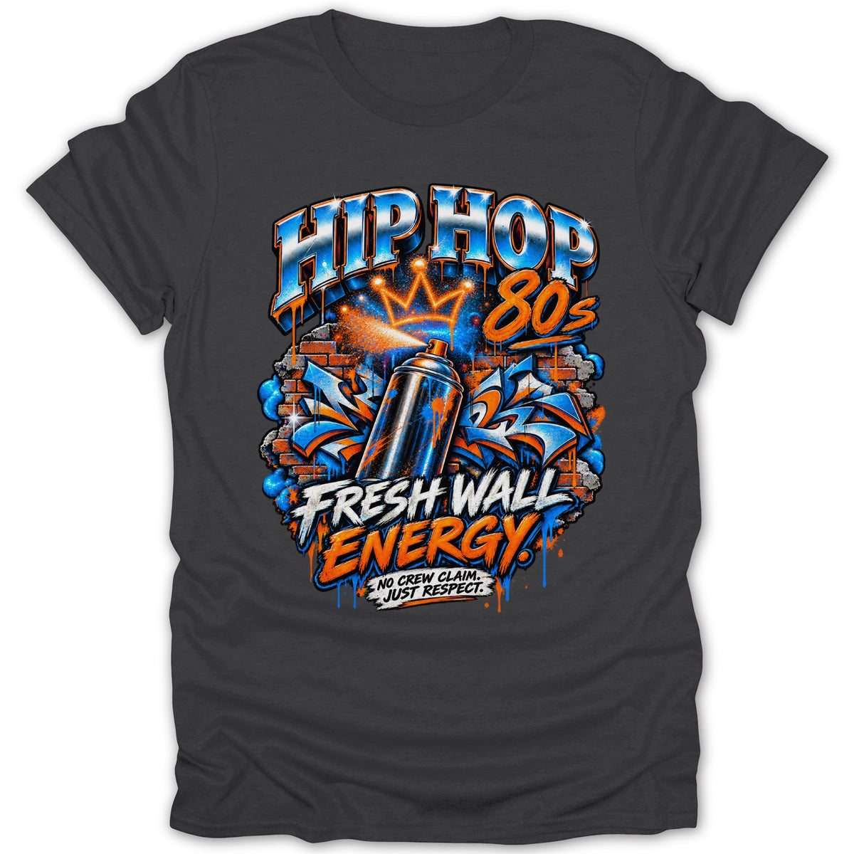Graffiti art on a dark t-shirt with text "Hip Hop 80s Fresh Wall Energy".