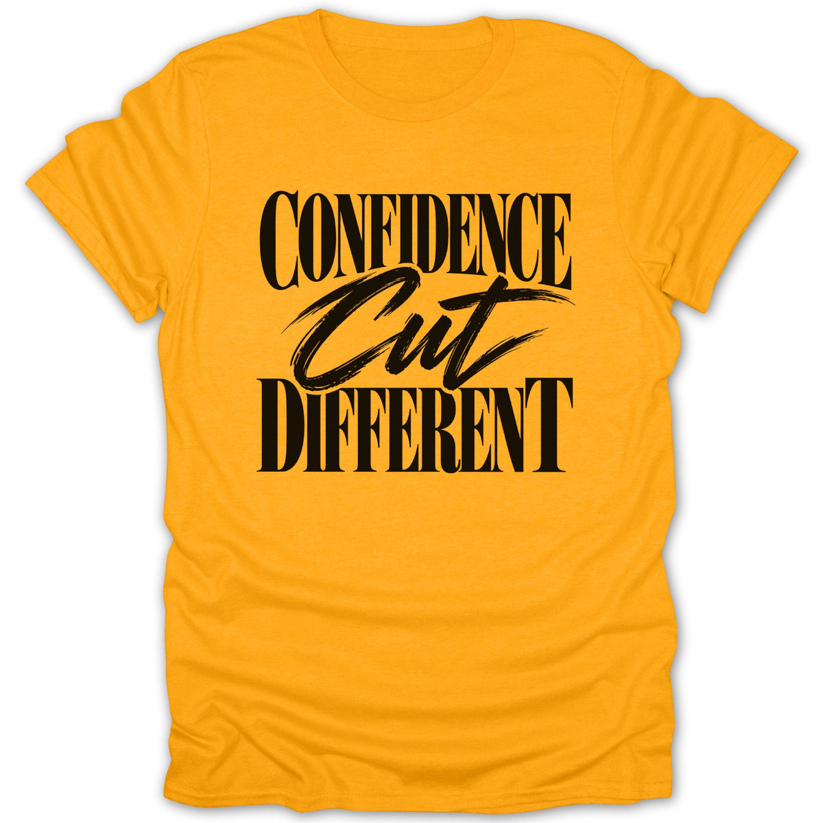 Yellow t-shirt with black text "CONFIDENCE Cut DIFFERENT".