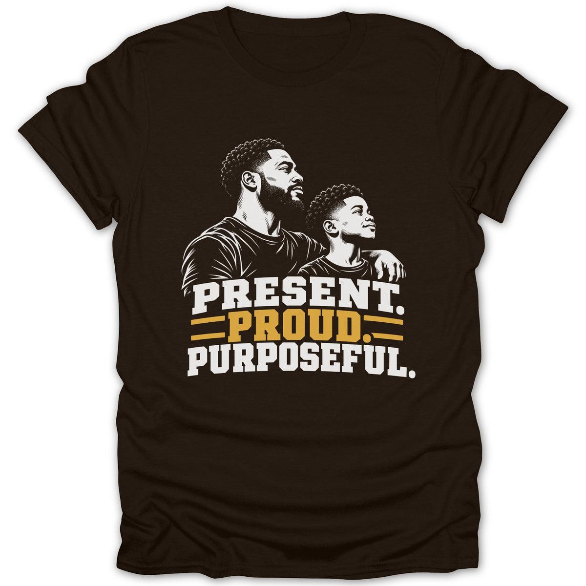 T-shirt with father and son illustration and text "PRESENT. PROUD. PURPOSEFUL."