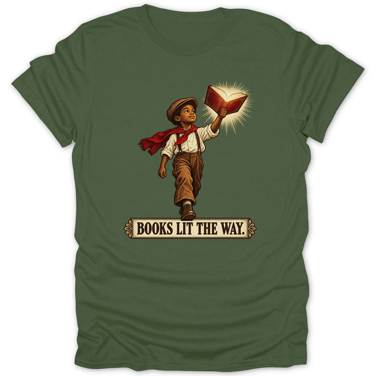 Boy in vintage clothing holds glowing book, with text "BOOKS LIT THE WAY."
