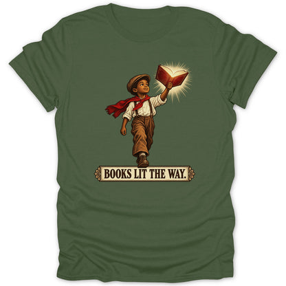 Boy in vintage clothing holds glowing book, with text "BOOKS LIT THE WAY."