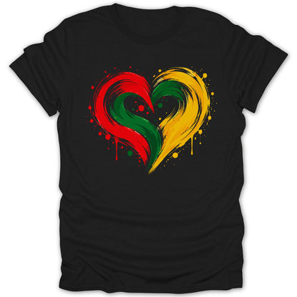 Black t-shirt with a heart design in red, green, and yellow brushstrokes.