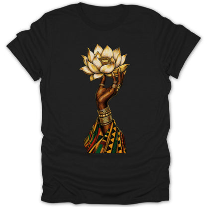 Black t-shirt with a brown hand holding a gold lotus flower with an eye.