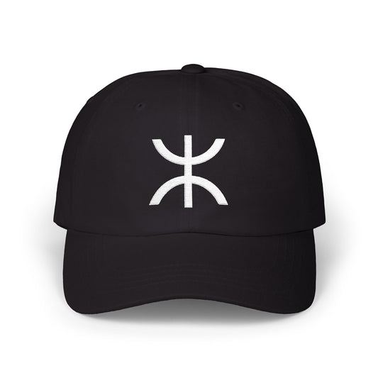 Black baseball cap with white Amazigh symbol embroidered on the front.