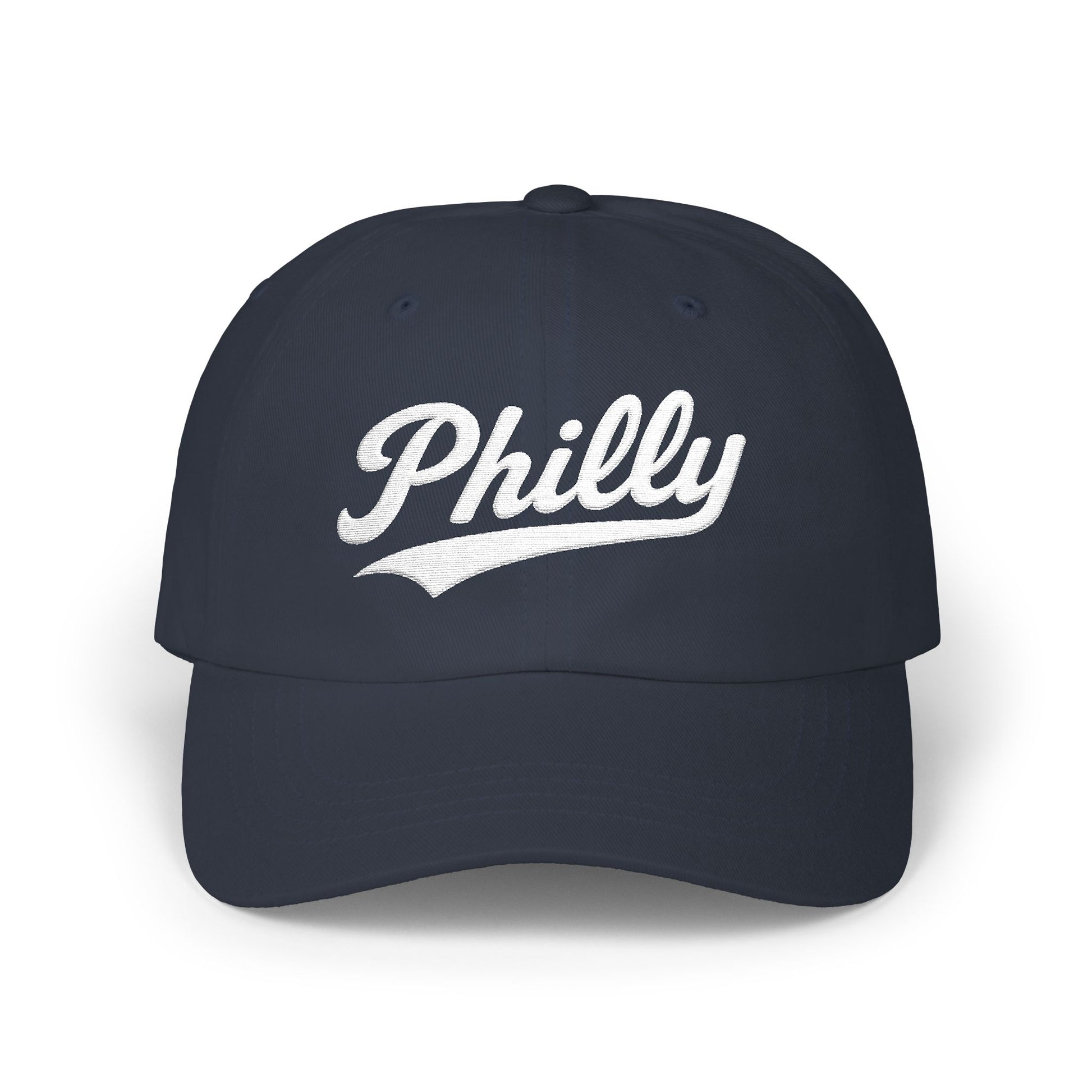 Navy blue baseball cap with "Philly" embroidered in white script.