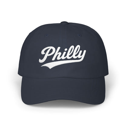 Navy blue baseball cap with "Philly" embroidered in white script.
