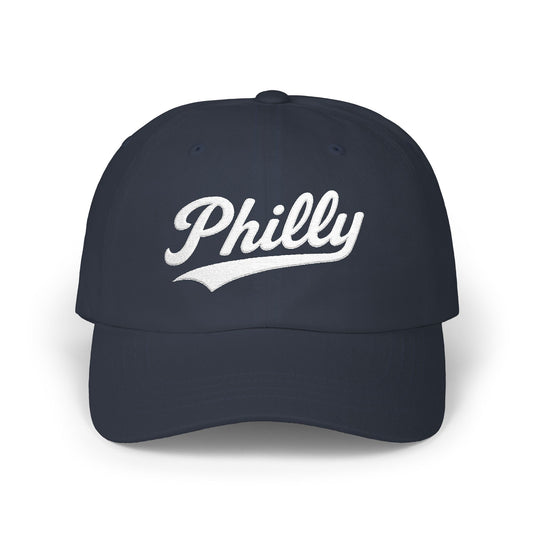 Navy blue baseball cap with "Philly" embroidered in white script.