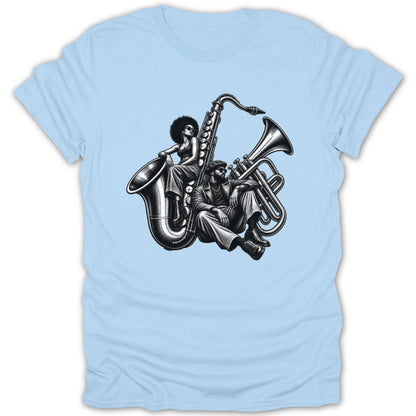 Black and white illustration of a woman and man with saxophone and trumpet.