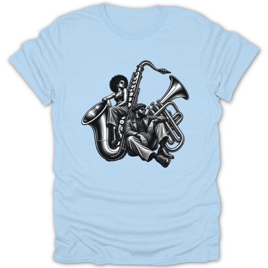 Black and white illustration of a woman and man with saxophone and trumpet.