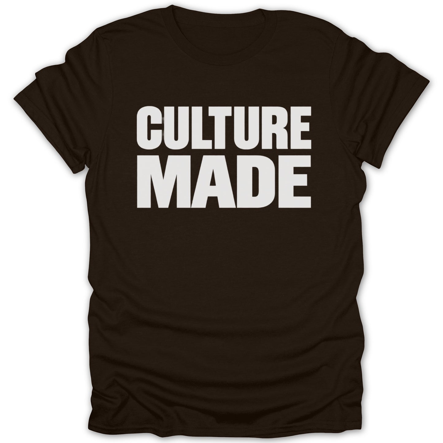 Brown t-shirt with white text reading "CULTURE MADE".