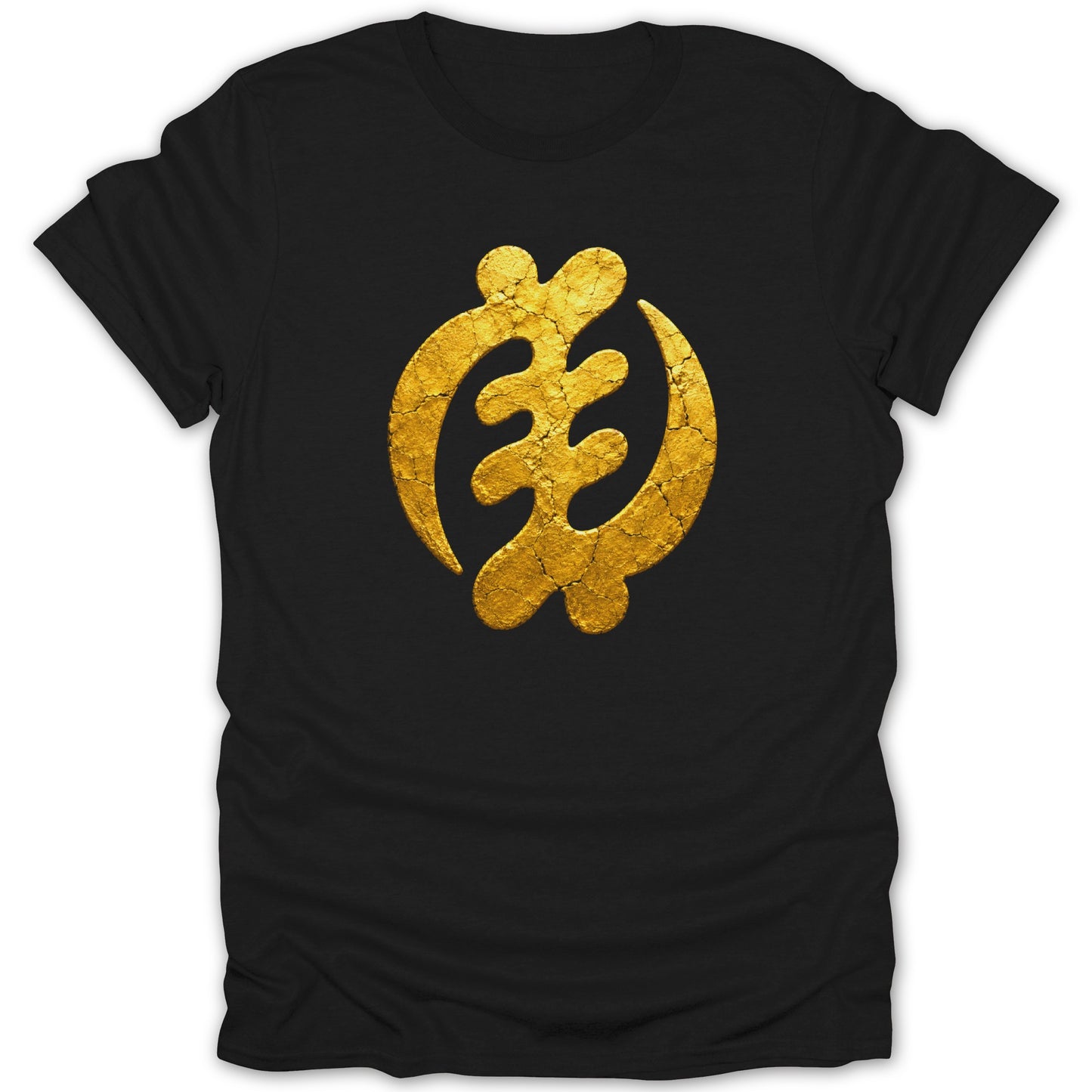 Black t-shirt with a cracked gold Gye Nyame symbol.