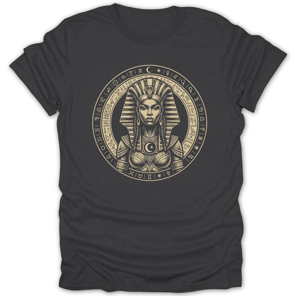 T-shirt with Egyptian pharaoh illustration in circular astrological border.