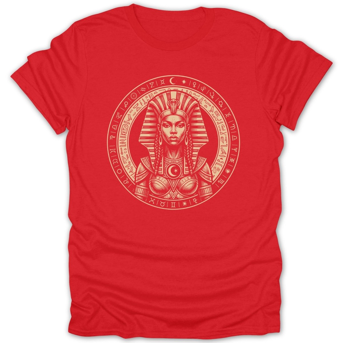 Red t-shirt with Egyptian queen wearing headdress and hieroglyphic border.