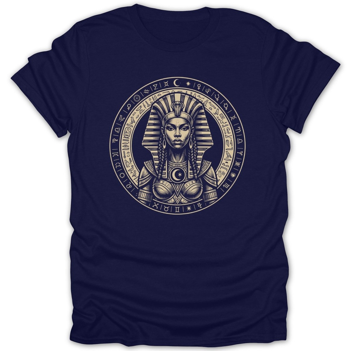 Egyptian queen in headdress, surrounded by celestial symbols and hieroglyphs.