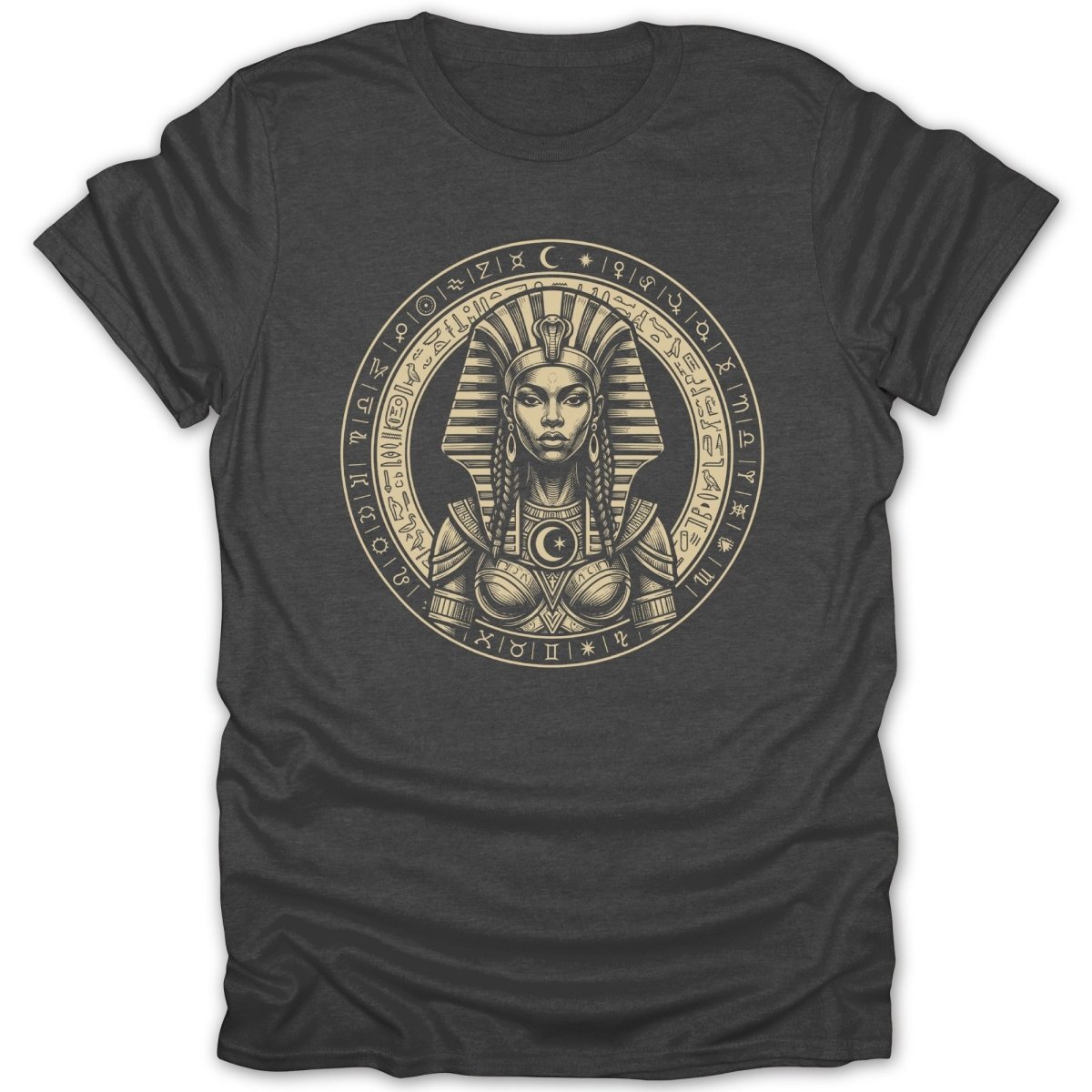 Nefertiti bust illustration surrounded by Egyptian hieroglyphs on a dark t-shirt.